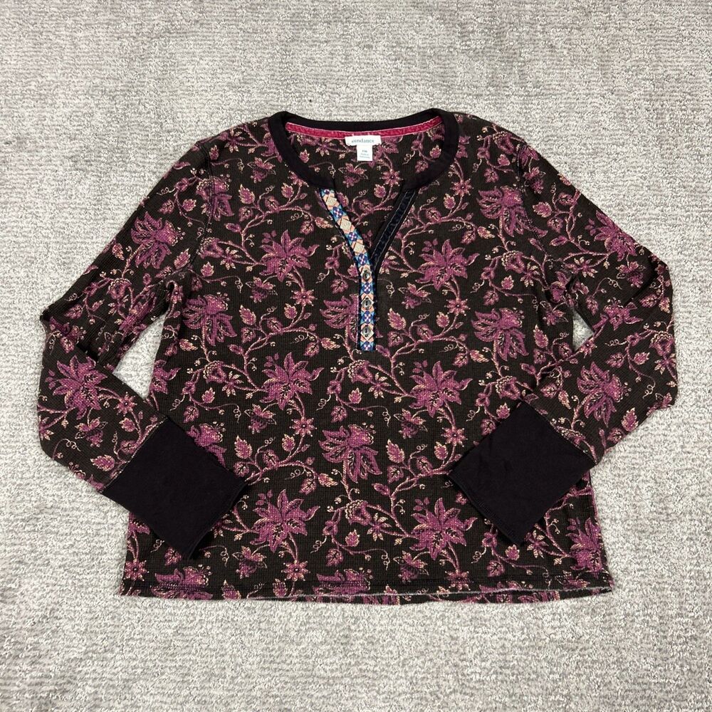 Sundance Shirt Womens Medium Petite Thermal Floral Waffle Knit Top Brown Pink